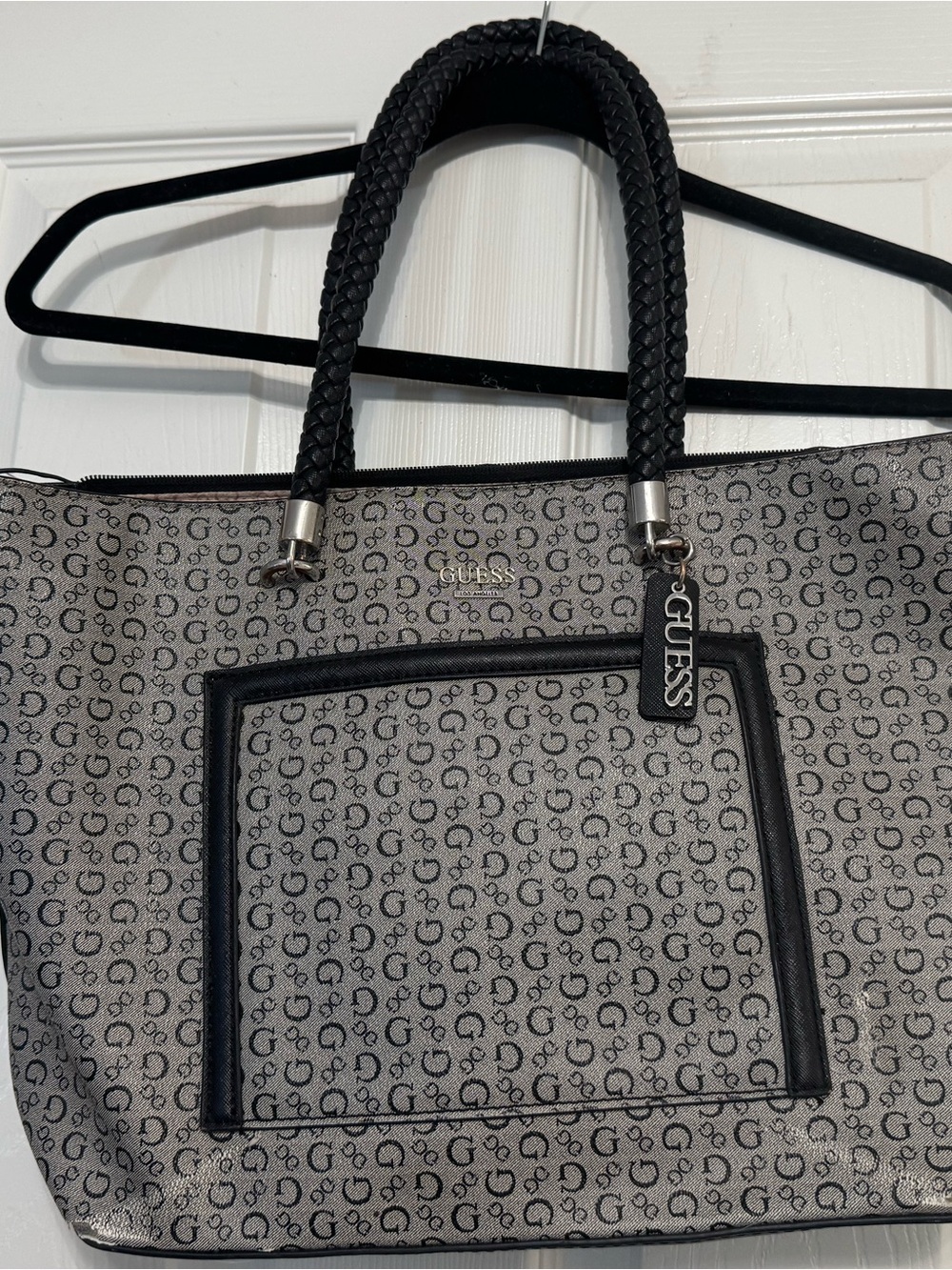 GUESS Gray Monogram Tote with Black Trim and Braided Handles
